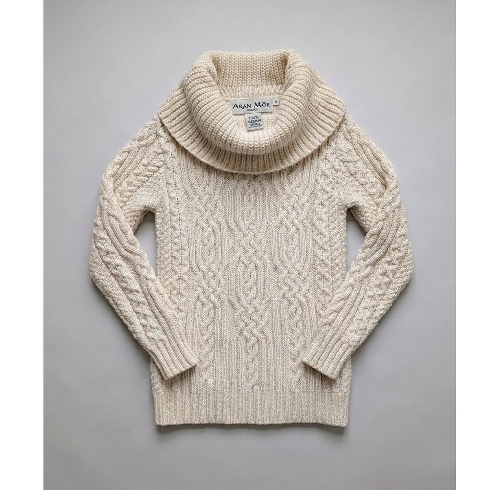 Aran Mor Ireland Merino Wool Cable Knit Cowl Neck Sweater Cream Womens Small